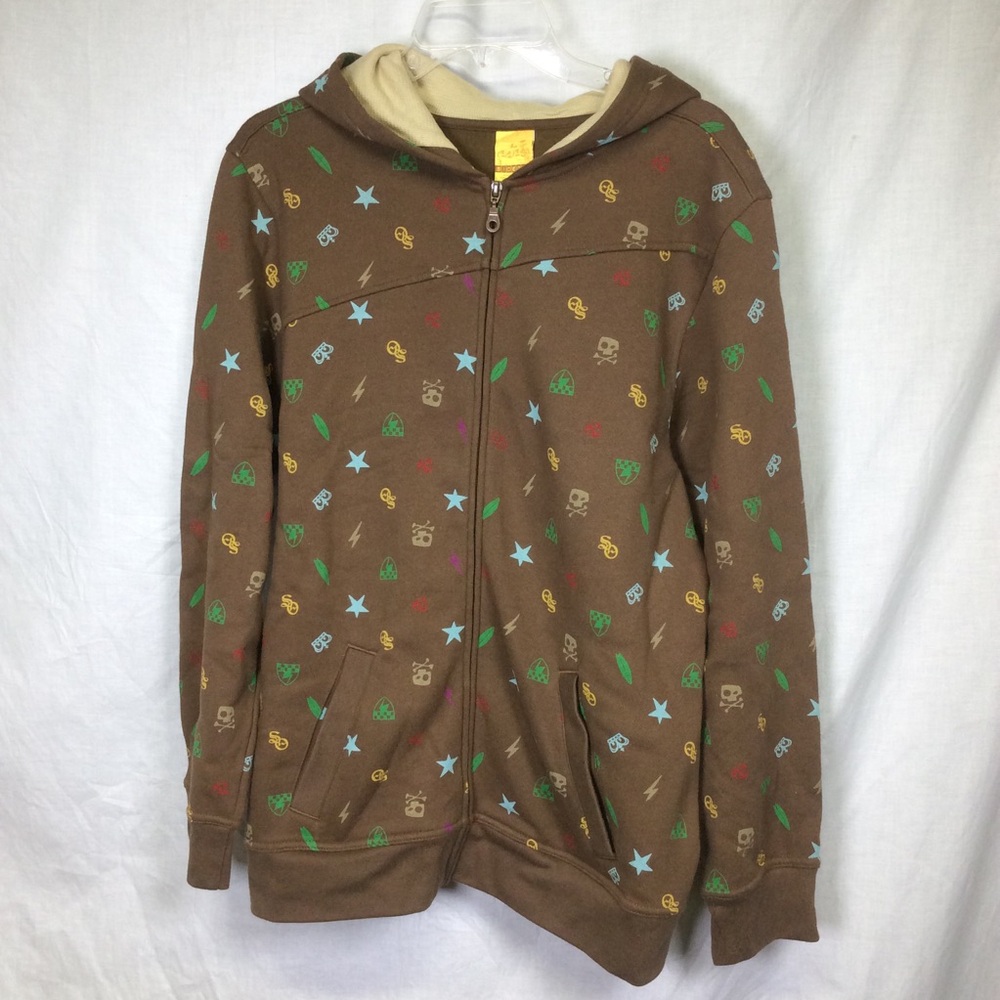 Sideout Boys Brown Skulls Crown Shield Star Graphic Zip Up Sweatshirt Sz L 14/16